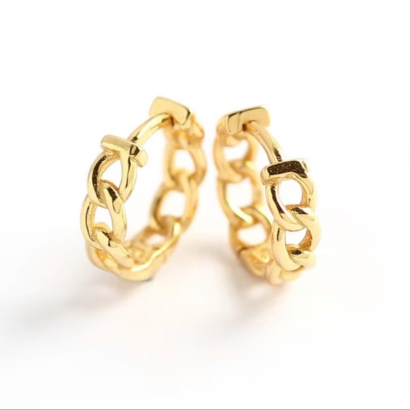 Jewelry - Minimalist Mini Gold Plated Chain Hoops Basketweave Link Earrings Gifts S925